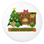 暖炉の焚き火のクリスマスツリーの近くでメリークリスマス セラミックノブ (正面)