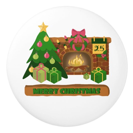 暖炉の焚き火のクリスマスツリーの近くでメリークリスマス セラミックノブ (正面)