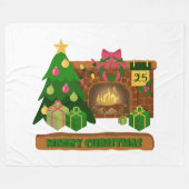 暖炉の焚き火のクリスマスツリーの近くでメリークリスマス フリースブランケット (正面(横))