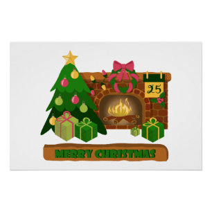 暖炉の焚き火のクリスマスツリーの近くでメリークリスマス ポスター