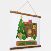 暖炉の焚き火のクリスマスツリーの近くでメリークリスマス 吊り下げ型タペストリー (傾斜あり)