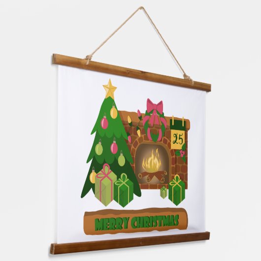 暖炉の焚き火のクリスマスツリーの近くでメリークリスマス 吊り下げ型タペストリー (傾斜あり)