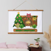 暖炉の焚き火のクリスマスツリーの近くでメリークリスマス 吊り下げ型タペストリー (寝室)