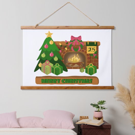 暖炉の焚き火のクリスマスツリーの近くでメリークリスマス 吊り下げ型タペストリー (寝室)
