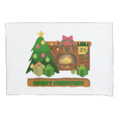 暖炉の焚き火のクリスマスツリーの近くでメリークリスマス 枕カバー (正面)