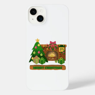 暖炉の焚き火のクリスマスツリーの近くでメリークリスマス iPhone 14 PLUSケース