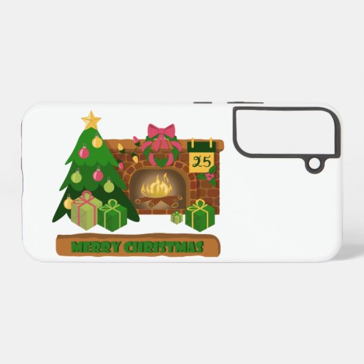暖炉の焚き火のクリスマスツリーの近くでメリークリスマス SAMSUNG GALAXYケース (裏面横)