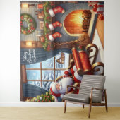 暖炉の背景でサンタがそりに休む タペストリー (インサイチュ)