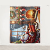 暖炉の背景でサンタがそりに休む タペストリー (正面)