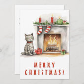 暖炉の近くのかわいい猫メリークリスマス シーズンカード (正面/裏面)