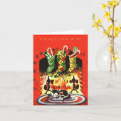 暖炉カードによるヴィンテージクリスマスキットン カード (黄色い花)