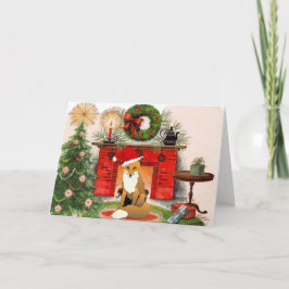 暖炉クリスマスカードの前のキツネ シーズンカード