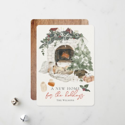 暖炉クリスマスツリーキツネ新しいホームフォト シーズンカード (正面/裏面インサイチュ)