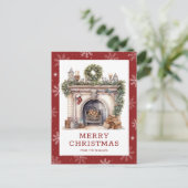 暖炉クリスマスリースガーランドスノーフレークレッド シーズンポストカード (スタンド正面)