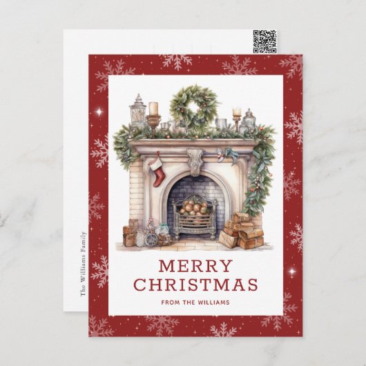暖炉クリスマスリースガーランドスノーフレークレッド シーズンポストカード (正面/裏面)