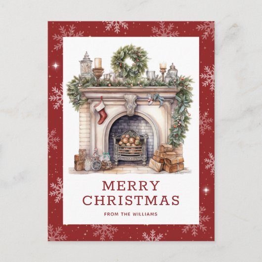 暖炉クリスマスリースガーランドスノーフレークレッド シーズンポストカード (正面)