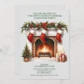 暖炉ストッキングプレゼント緑パーティー 招待状 (正面/裏面)