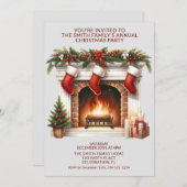 暖炉ストッキングプレゼント赤パーティー 招待状 (正面/裏面)
