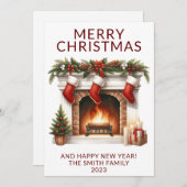 暖炉ストッキングレッドホリデーカード 招待状 (正面/裏面)