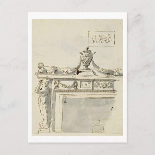 暖炉(ペンとインク)のスケッチデザイン ポストカード (正面)