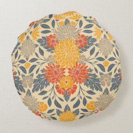 暖黄、オレンジ、青のフローラ ラウンドクッション