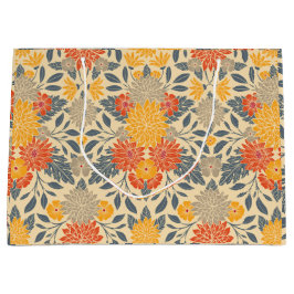 暖黄、オレンジ、青のフローラ ラージペーパーバッグ