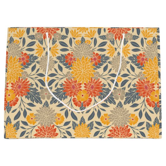 暖黄、オレンジ、青のフローラ ラージペーパーバッグ (正面)