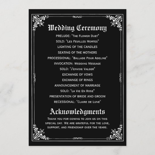 暗いおとぎ話の物語の本の結婚式プログラム プログラム (裏面)