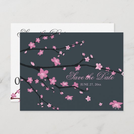 暗いさくらんぼ花の結婚式の日付はがきを保存 案内ポストカード (正面/裏面)