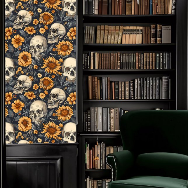 暗いアカデミアスカルと黄色い花 壁紙 (Dark Academia Skulls with Yellow Flowers Wallpaper in a library.)
