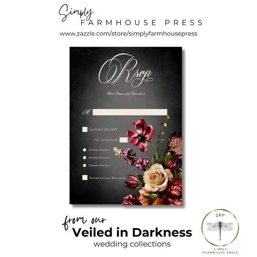 暗いエレガントぼやけ秋のフローラ結婚ズ・ディナー 出欠カード