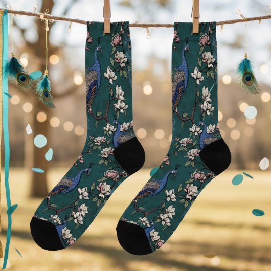 暗いエレガントティール（緑がかった色）の孔雀とマグノリアの花 ソックス
