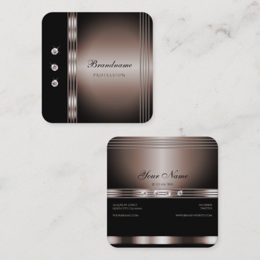 暗いエレガントバラ金ゴールドとラインストーンで黒 スクエア名刺 (正面/裏面)