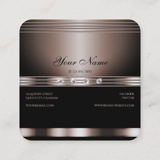 暗いエレガントバラ金ゴールドとラインストーンで黒 スクエア名刺 (裏面)