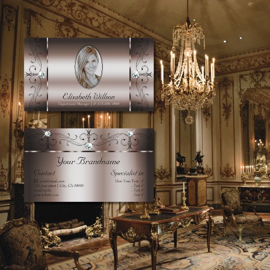 暗いエレガントバラ金ゴールドの斜め宝石と写真 名刺