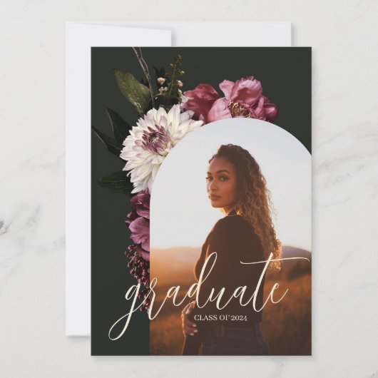 暗いエレガントフローラ写真の卒業発表 招待状 (正面)