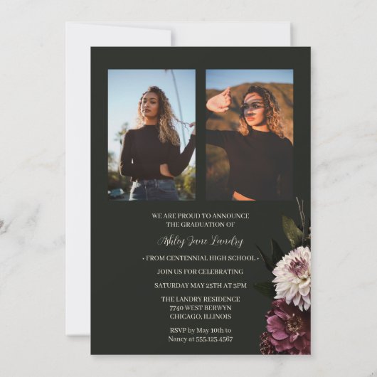 暗いエレガントフローラ写真の卒業発表 招待状 (裏面)