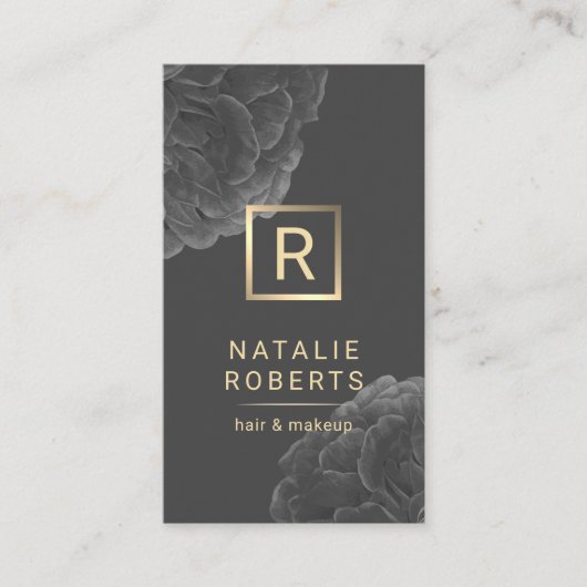 暗いエレガントフローラ金ゴールドモノグラムロゴヘアメイクアップ 名刺 (正面)