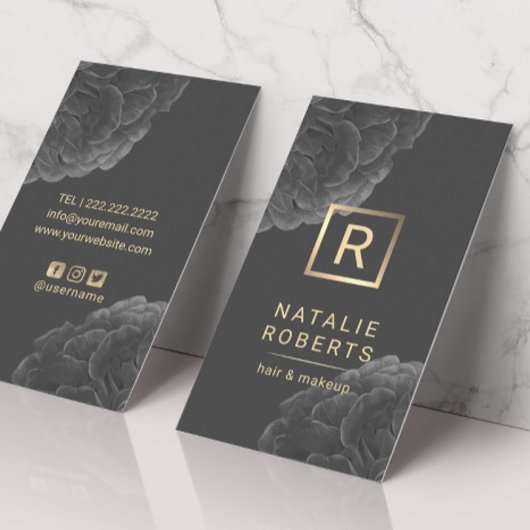 暗いエレガントフローラ金ゴールドモノグラムロゴヘアメイクアップ 名刺