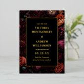 暗いエレガントムーディフローラ結婚式の日付を保存 箔招待状 (立ち正面)