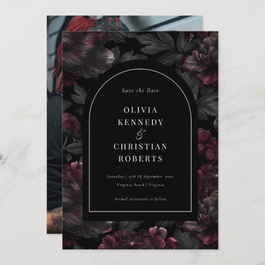 暗いエレガントムーディロマンチックなフローラ写真 セーブザデート (正面/裏面)