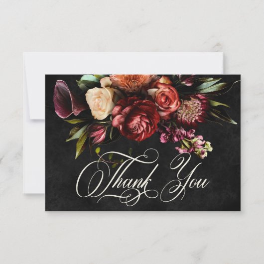 暗いエレガント秋のフローラ結婚 サンキューカード (正面)