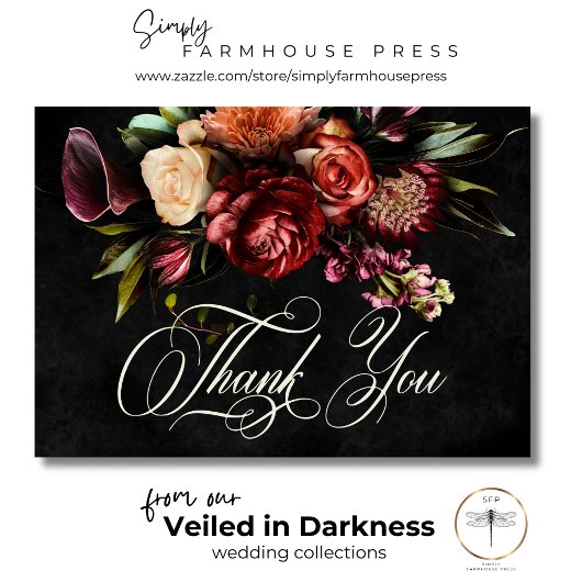 暗いエレガント秋のフローラ結婚 サンキューカード