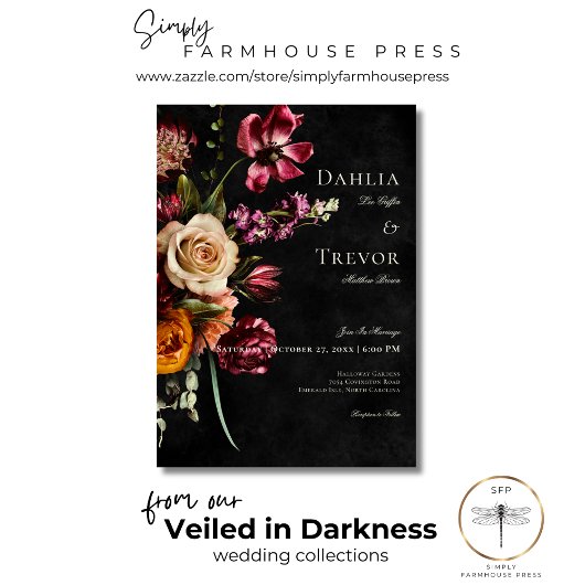 暗いエレガント秋のフローラ結婚 招待状