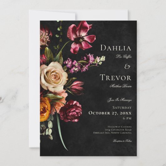 暗いエレガント秋のフローラ結婚 招待状 (正面)
