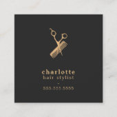 暗いエレガント金ゴールドフェイクはさみ櫛ヘアスタイリスト スクエア名刺 (正面)