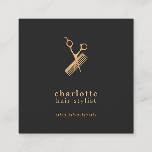 暗いエレガント金ゴールドフェイクはさみ櫛ヘアスタイリスト スクエア名刺 (正面)