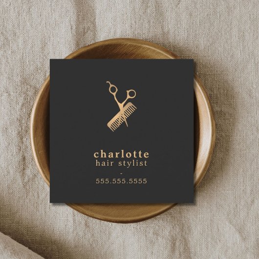 暗いエレガント金ゴールドフェイクはさみ櫛ヘアスタイリスト スクエア名刺