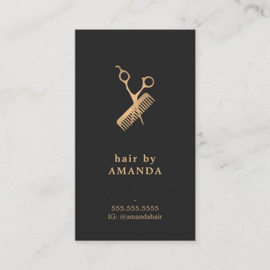 暗いエレガント金ゴールドフェイクはさみ櫛ヘアスタイリスト 名刺 (正面)