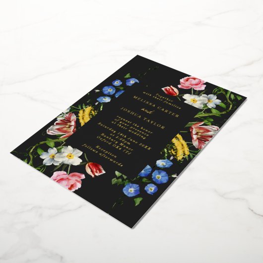 暗いオランダマスターフローラ結婚フレームの金ゴールド 箔招待状 (回転した状態)